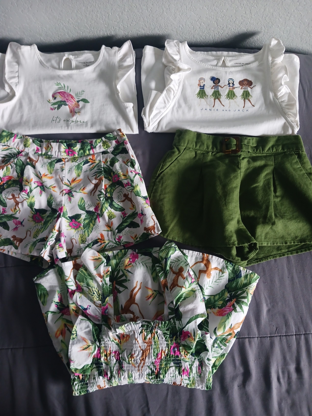 Janie and Jack White Ruffle Top + Tropical Print Shorts & Green Shorts Set